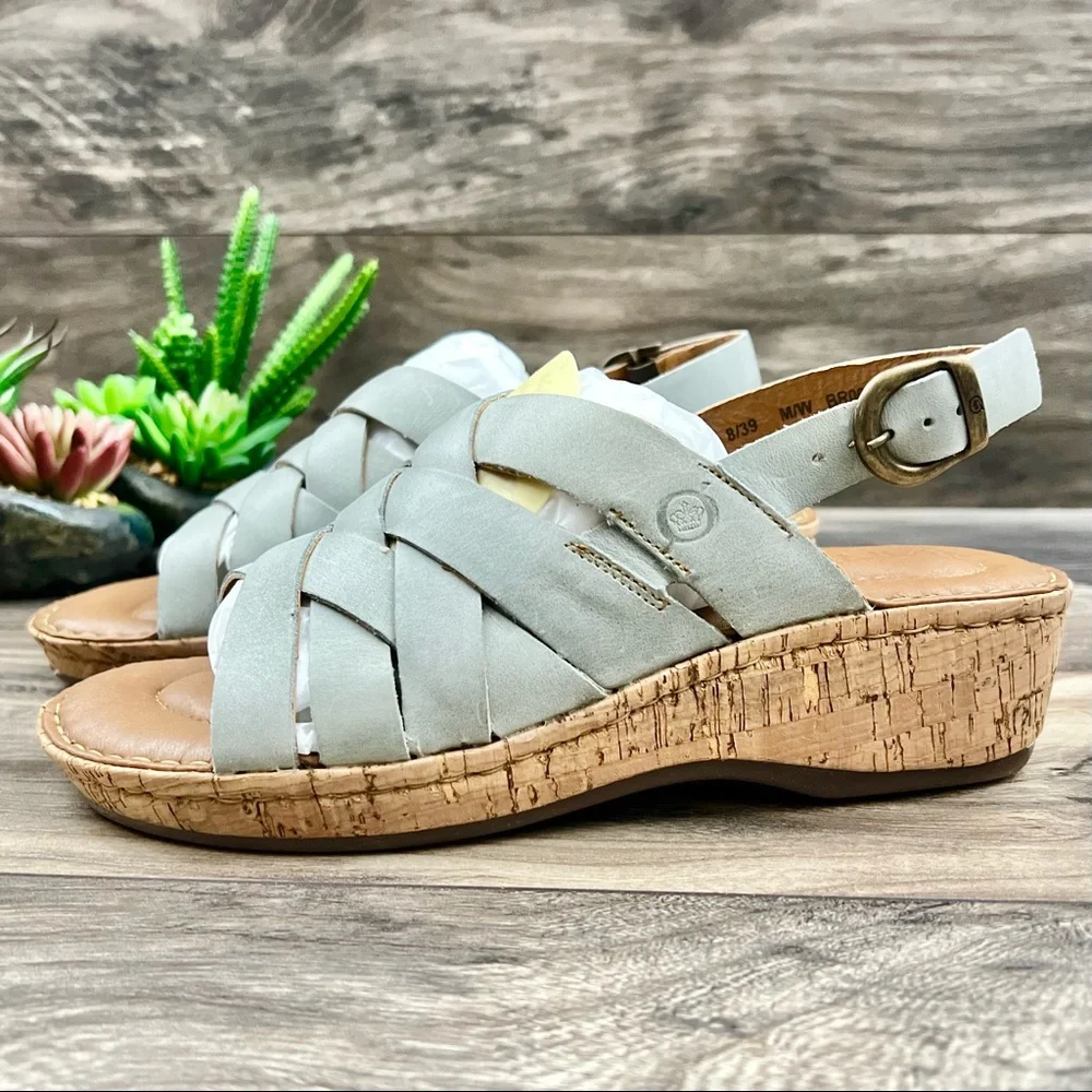 NIB Born Laila Strappy Slingback Wedge Leather Sandal Light Blue 8M 39 - Picture 4 of 13